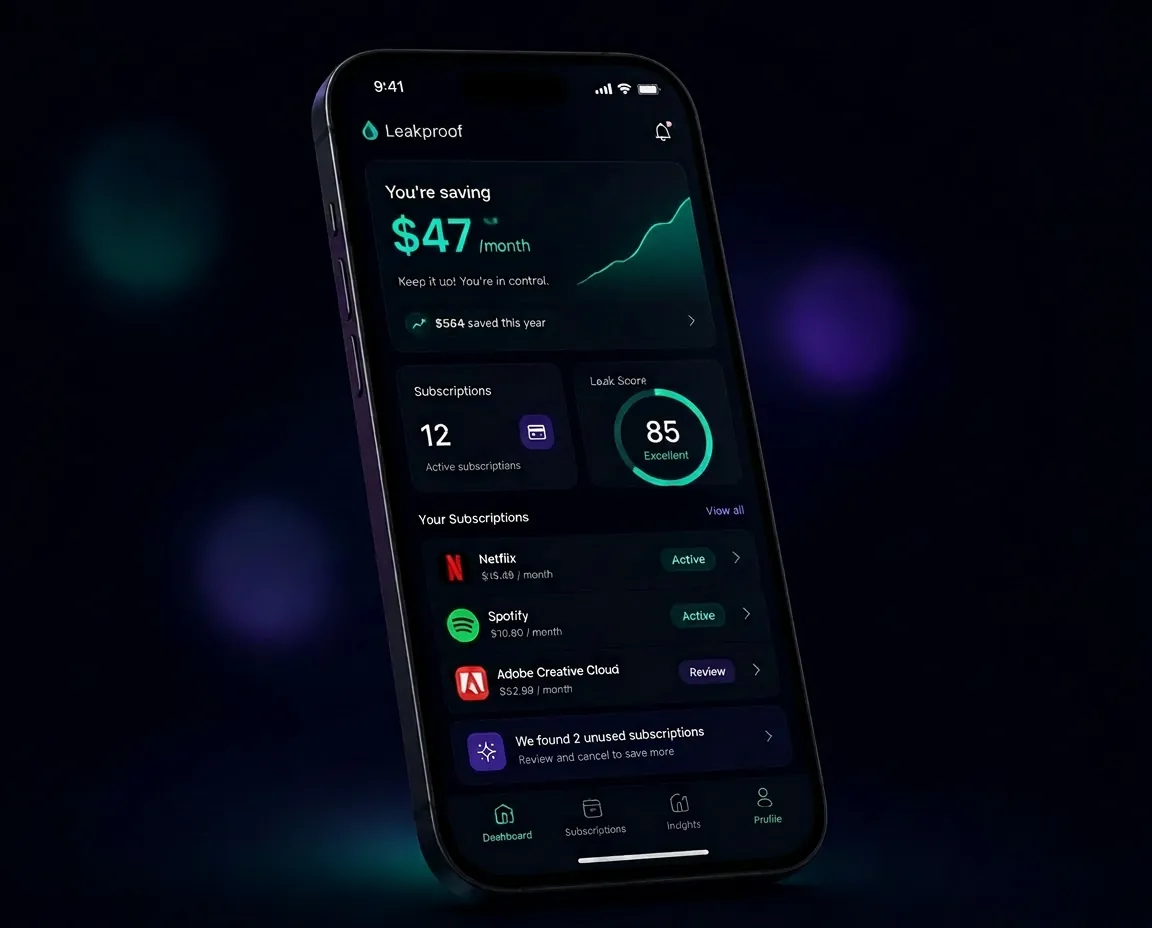 Leakproof app showing monthly savings, tracked subscriptions, and a Leak Score of 85